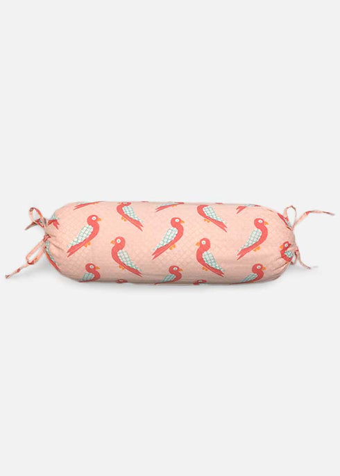 red bolster pillow in tota print