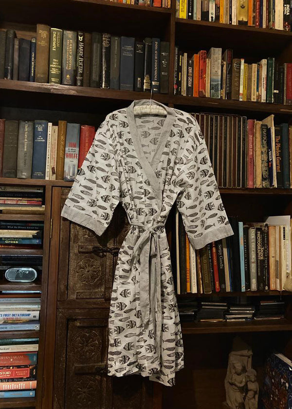 Handprinted Men's Robe - Midnight Fish