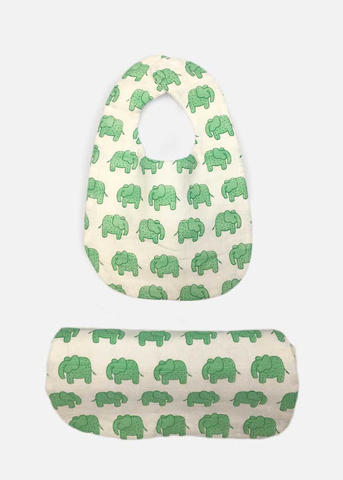 Almirah unisex bib burp cloth in green elephant print
